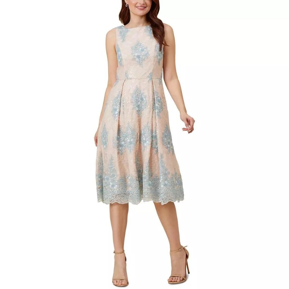 Adrianna Papell Women's Pink Embroidered Midi Fit & Flare Dress